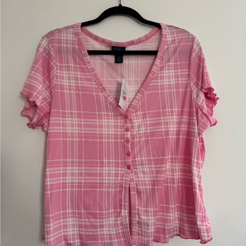 Pink Plaid half Button-Up crop Top
